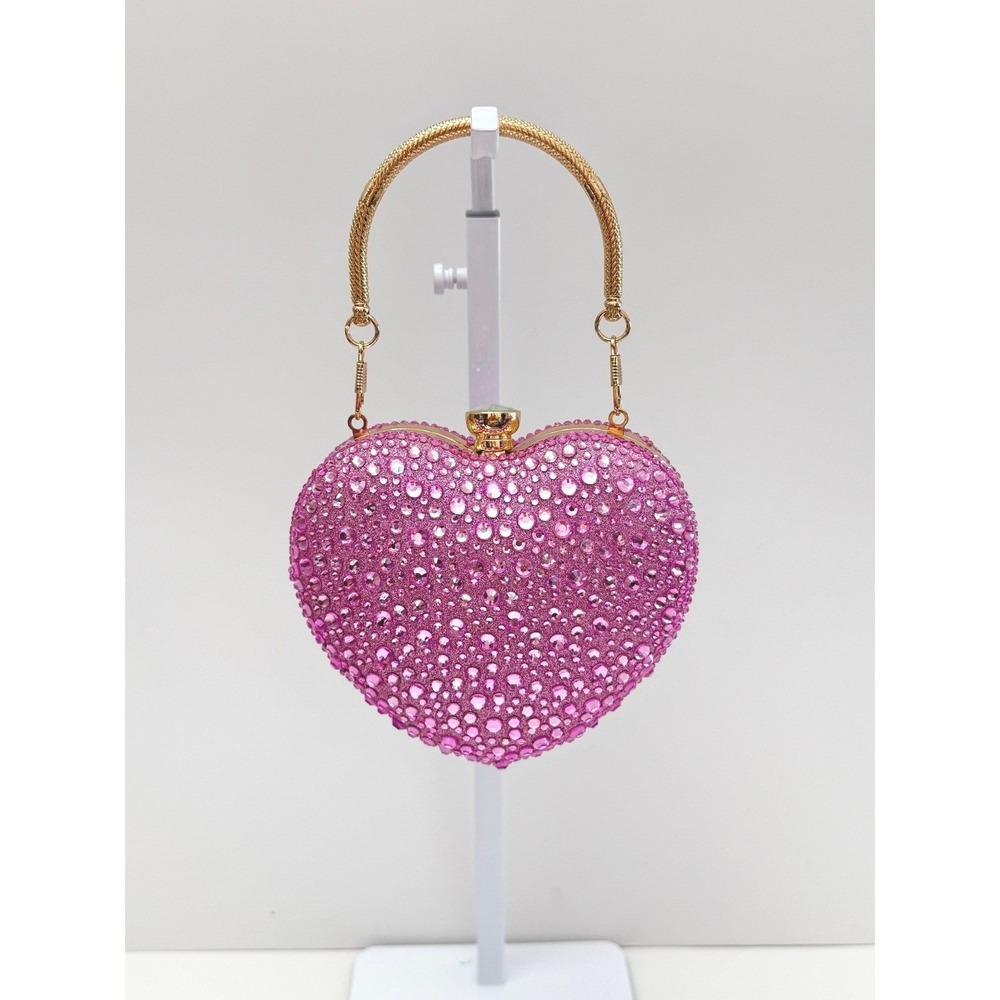 Ramla Pink Heart Shaped Sparkling Crystal Clutch or Crossbody Wedding Cocktail
